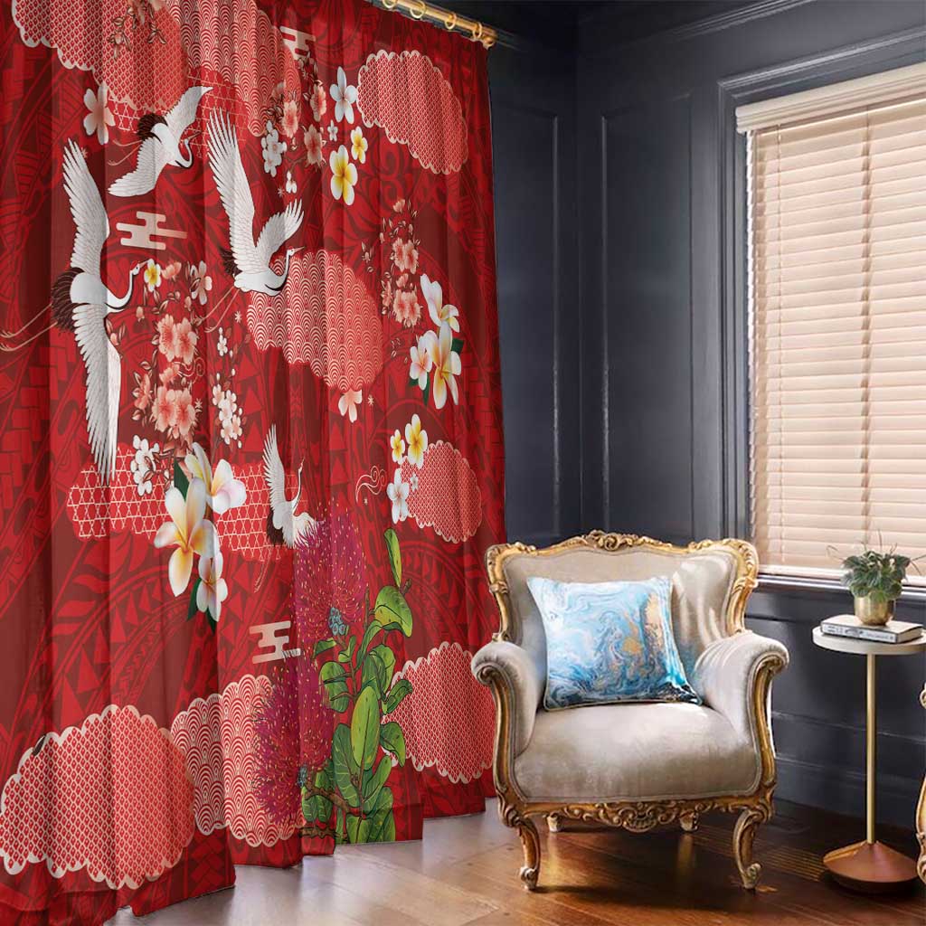 Hawaiian and Japanese Culture Together Window Curtain Red Ohia Lehua Plumeria and Sakura Blooming LT03 - Polynesian Pride