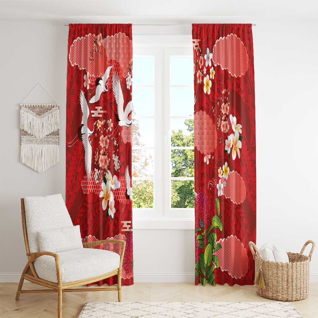 Hawaiian and Japanese Culture Together Window Curtain Red Ohia Lehua Plumeria and Sakura Blooming LT03 - Polynesian Pride