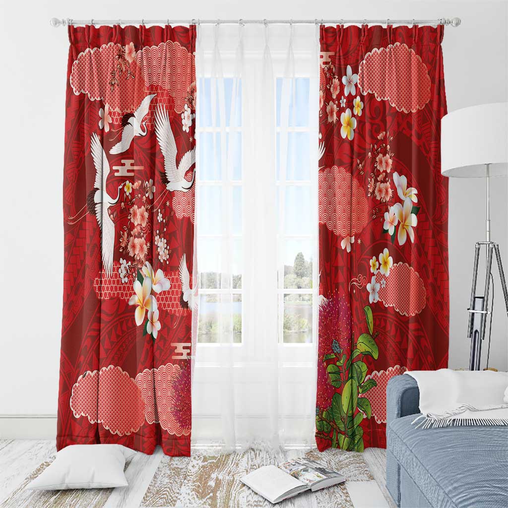 Hawaiian and Japanese Culture Together Window Curtain Red Ohia Lehua Plumeria and Sakura Blooming LT03 - Polynesian Pride