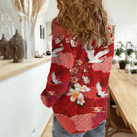 Hawaiian and Japanese Culture Together Women Casual Shirt Red Ohia Lehua Plumeria and Sakura Blooming LT03 - Polynesian Pride