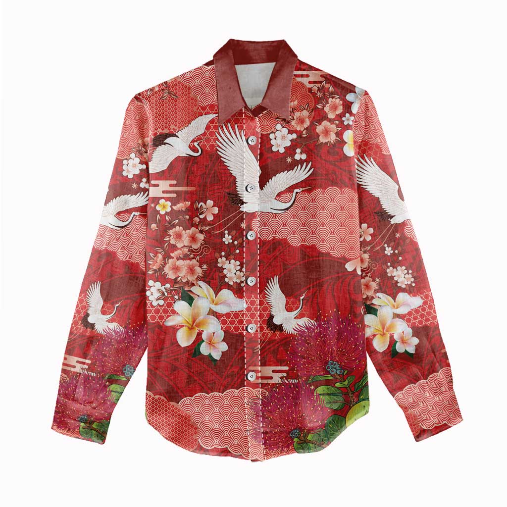 Hawaiian and Japanese Culture Together Women Casual Shirt Red Ohia Lehua Plumeria and Sakura Blooming LT03 - Polynesian Pride