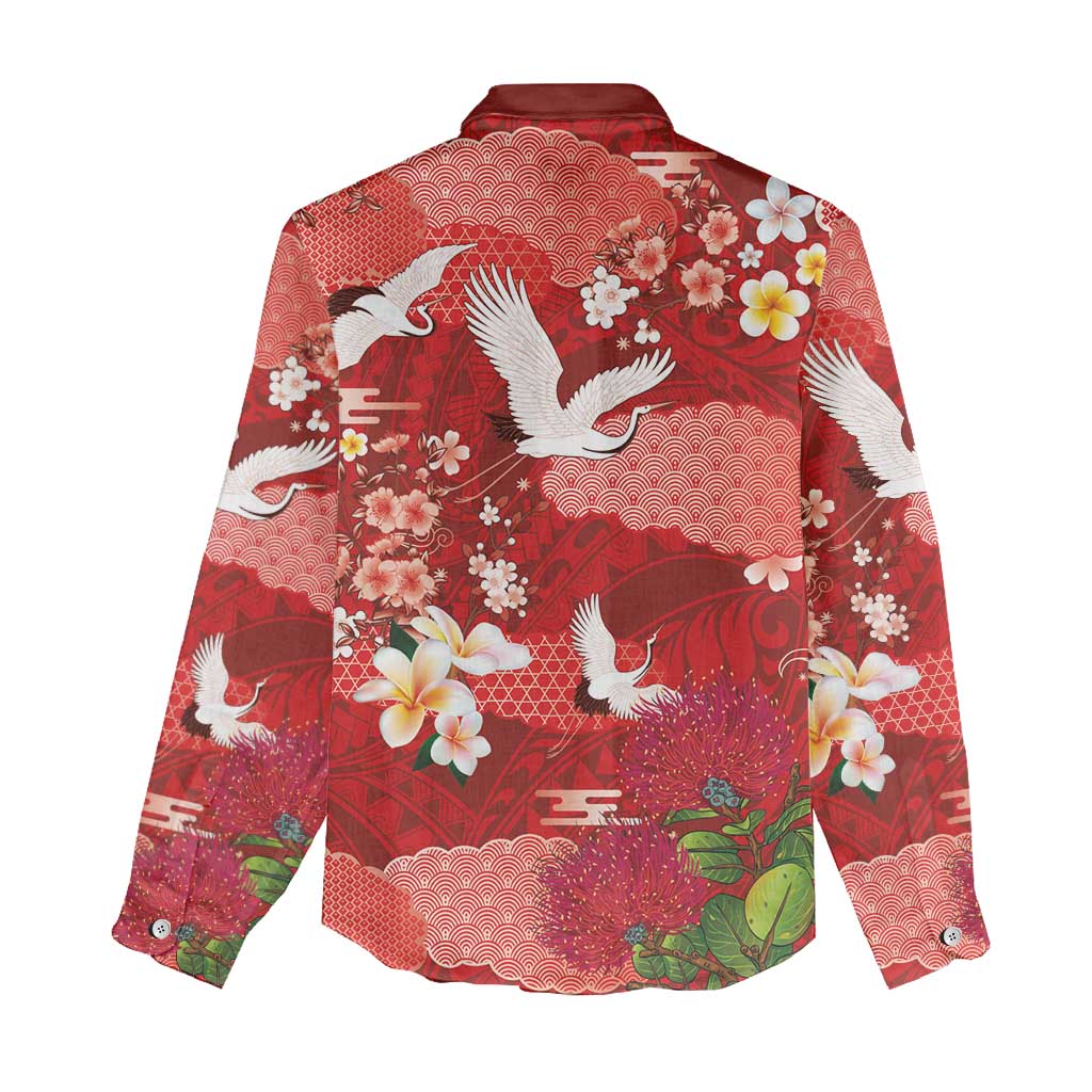 Hawaiian and Japanese Culture Together Women Casual Shirt Red Ohia Lehua Plumeria and Sakura Blooming LT03 - Polynesian Pride