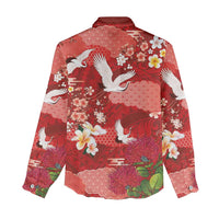 Hawaiian and Japanese Culture Together Women Casual Shirt Red Ohia Lehua Plumeria and Sakura Blooming LT03 - Polynesian Pride