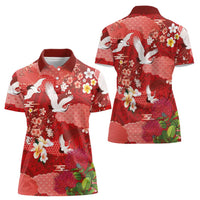 Hawaiian and Japanese Culture Together Women Polo Shirt Red Ohia Lehua Plumeria and Sakura Blooming LT03 - Polynesian Pride