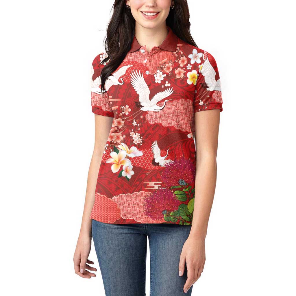 Hawaiian and Japanese Culture Together Women Polo Shirt Red Ohia Lehua Plumeria and Sakura Blooming LT03 - Polynesian Pride