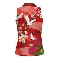 Hawaiian and Japanese Culture Together Women Sleeveless Polo Shirt Red Ohia Lehua Plumeria and Sakura Blooming - Polynesian Pride