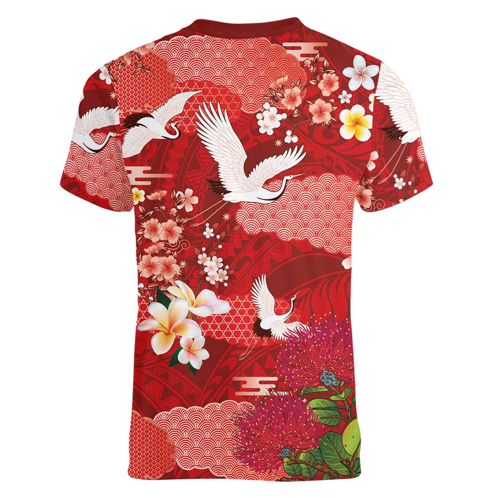 Hawaiian and Japanese Culture Together Women V-Neck T-Shirt Red Ohia Lehua Plumeria and Sakura Blooming LT03 - Polynesian Pride