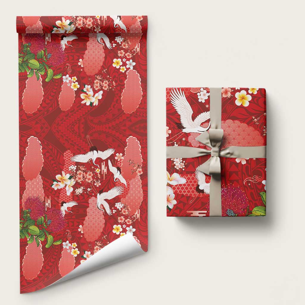 Hawaiian and Japanese Culture Together Wrapping Paper Red Ohia Lehua Plumeria and Sakura Blooming LT03 58" × 23" Red - Polynesian Pride