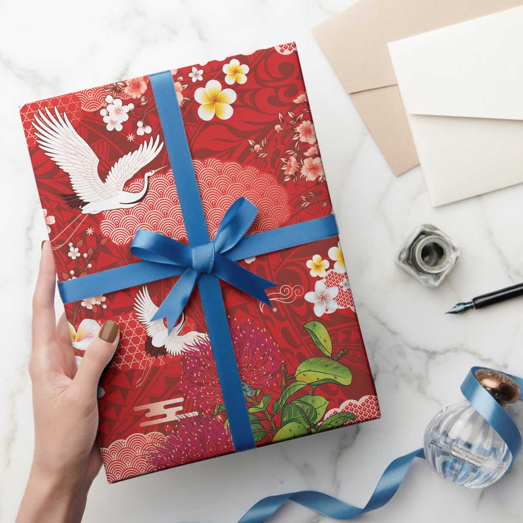 Hawaiian and Japanese Culture Together Wrapping Paper Red Ohia Lehua Plumeria and Sakura Blooming LT03 - Polynesian Pride