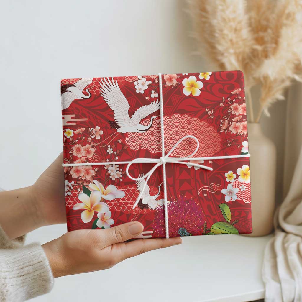 Hawaiian and Japanese Culture Together Wrapping Paper Red Ohia Lehua Plumeria and Sakura Blooming LT03 - Polynesian Pride