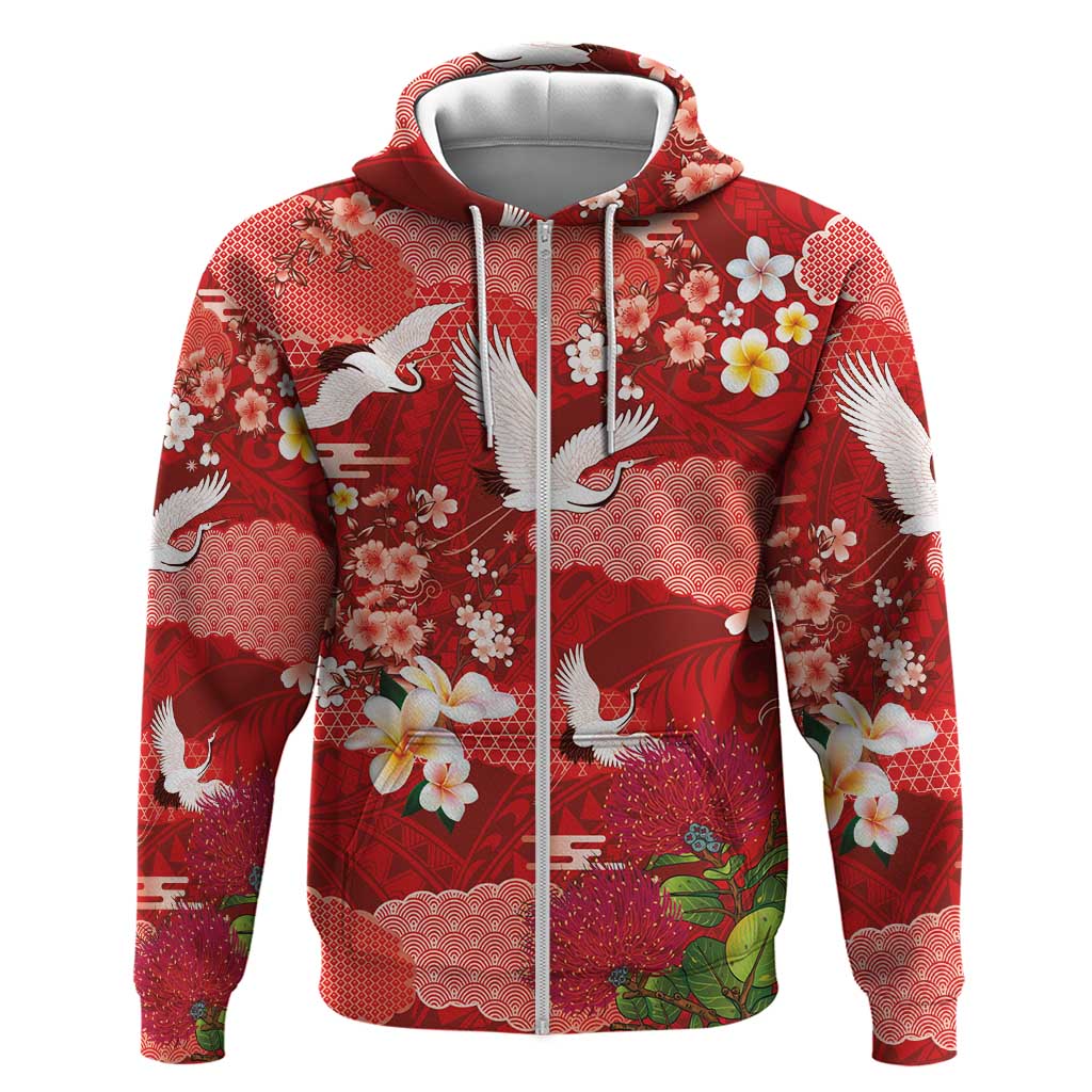 Hawaiian and Japanese Culture Together Zip Hoodie Red Ohia Lehua Plumeria and Sakura Blooming LT03 Zip Hoodie Red - Polynesian Pride