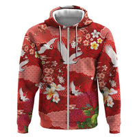 Hawaiian and Japanese Culture Together Zip Hoodie Red Ohia Lehua Plumeria and Sakura Blooming LT03 Zip Hoodie Red - Polynesian Pride