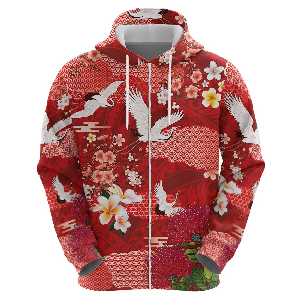 Hawaiian and Japanese Culture Together Zip Hoodie Red Ohia Lehua Plumeria and Sakura Blooming LT03 - Polynesian Pride