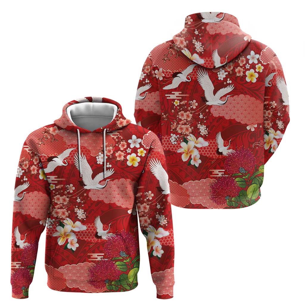 Hawaiian and Japanese Culture Together Zip Hoodie Red Ohia Lehua Plumeria and Sakura Blooming LT03 - Polynesian Pride