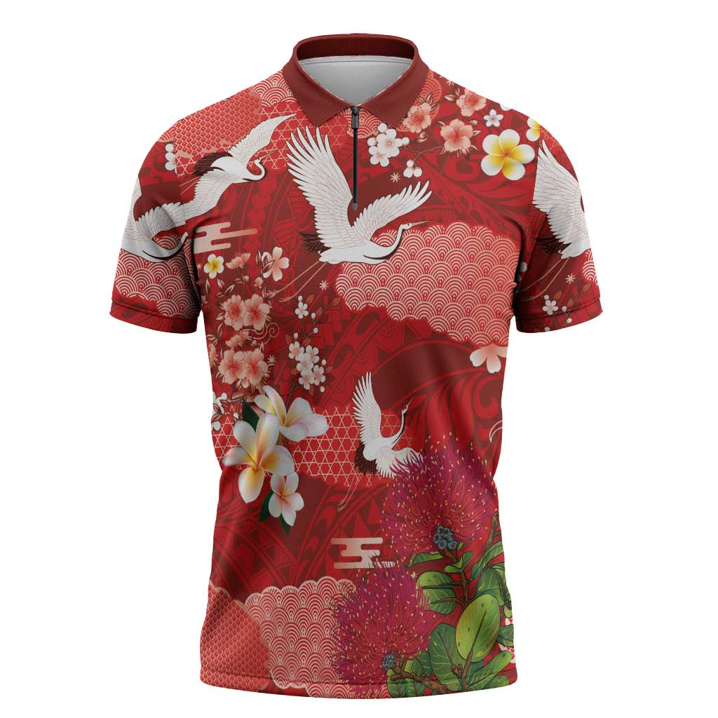 Hawaiian and Japanese Culture Together Zipper Polo Shirt Red Ohia Lehua Plumeria and Sakura Blooming LT03 Red - Polynesian Pride