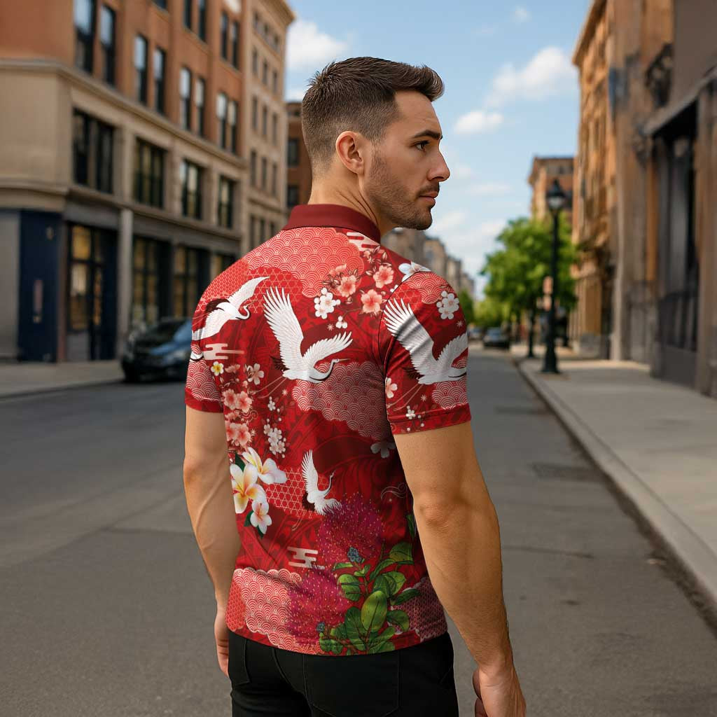 Hawaiian and Japanese Culture Together Zipper Polo Shirt Red Ohia Lehua Plumeria and Sakura Blooming LT03 - Polynesian Pride