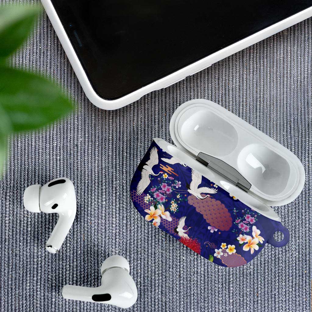 Hawaiian and Japanese Culture Together AirPods Case Blue Ohia Lehua Plumeria and Sakura Blooming LT03 - Polynesian Pride