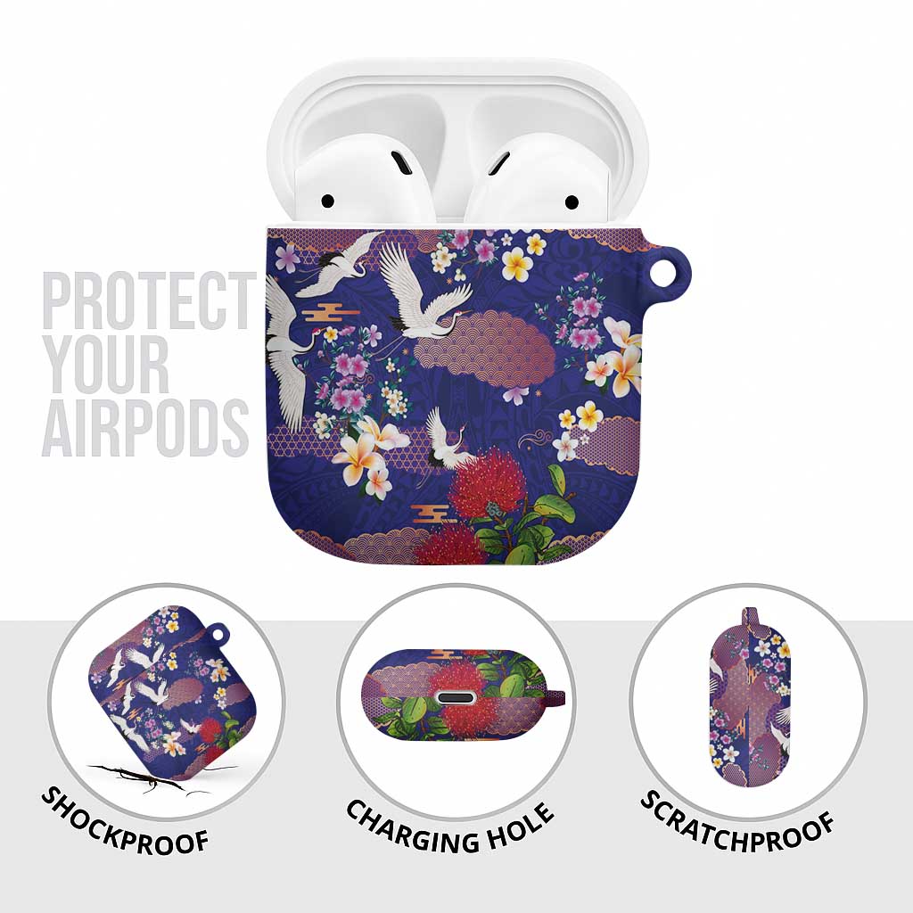 Hawaiian and Japanese Culture Together AirPods Case Blue Ohia Lehua Plumeria and Sakura Blooming LT03 - Polynesian Pride