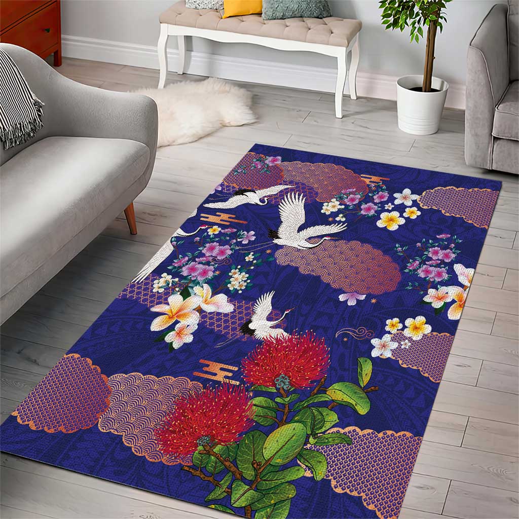Hawaiian and Japanese Culture Together Area Rug Blue Ohia Lehua Plumeria and Sakura Blooming LT03 - Polynesian Pride