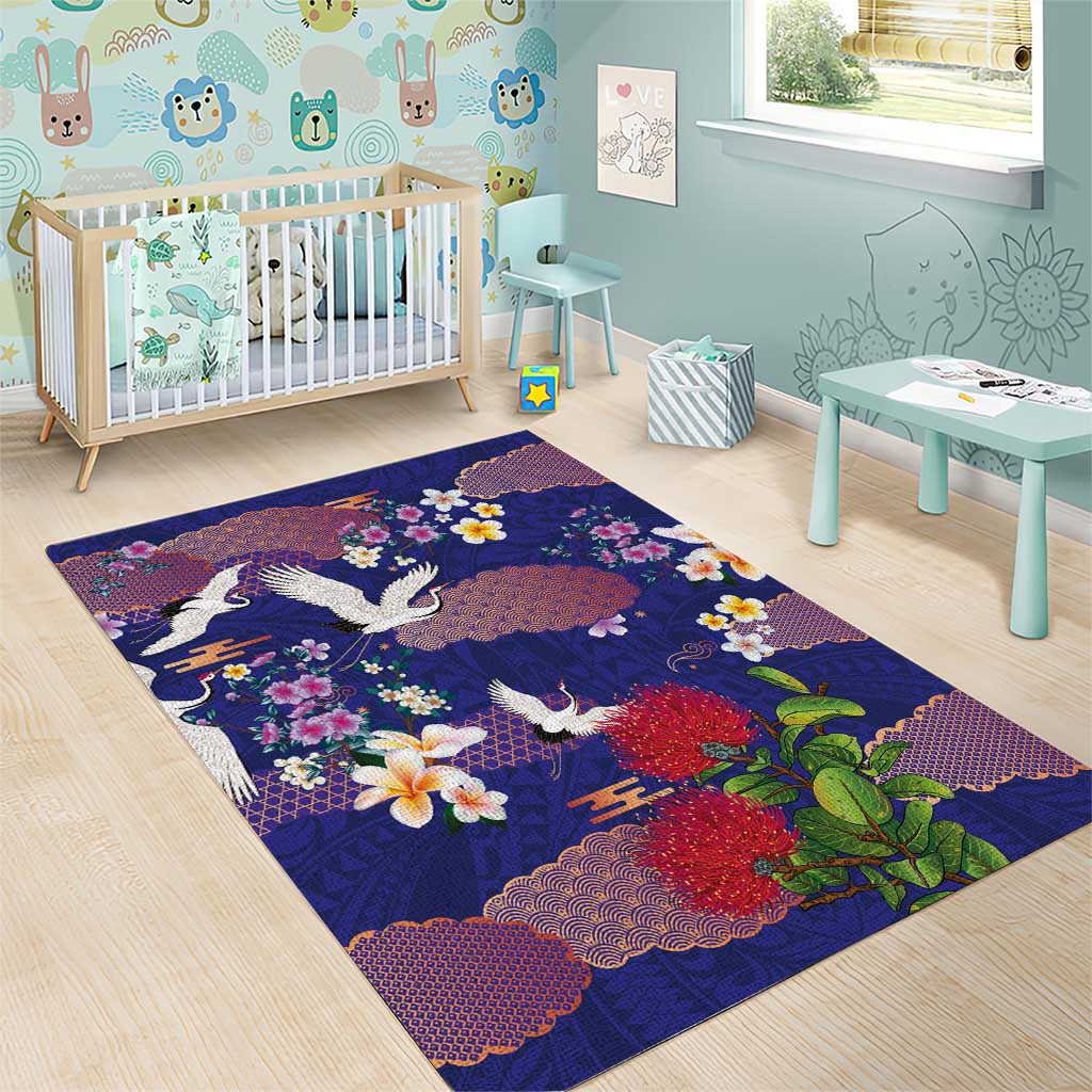 Hawaiian and Japanese Culture Together Area Rug Blue Ohia Lehua Plumeria and Sakura Blooming LT03 - Polynesian Pride
