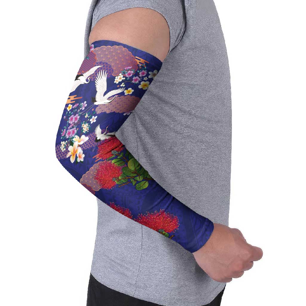Hawaiian and Japanese Culture Together Arm Sleeves Blue Ohia Lehua Plumeria and Sakura Blooming LT03 - Polynesian Pride
