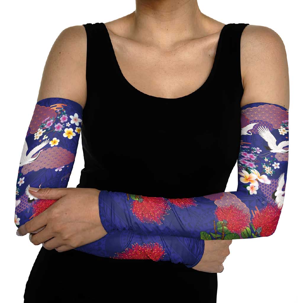 Hawaiian and Japanese Culture Together Arm Sleeves Blue Ohia Lehua Plumeria and Sakura Blooming LT03 - Polynesian Pride