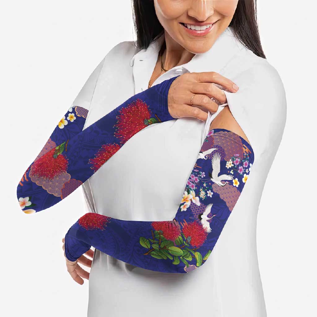 Hawaiian and Japanese Culture Together Arm Sleeves Blue Ohia Lehua Plumeria and Sakura Blooming LT03 - Polynesian Pride