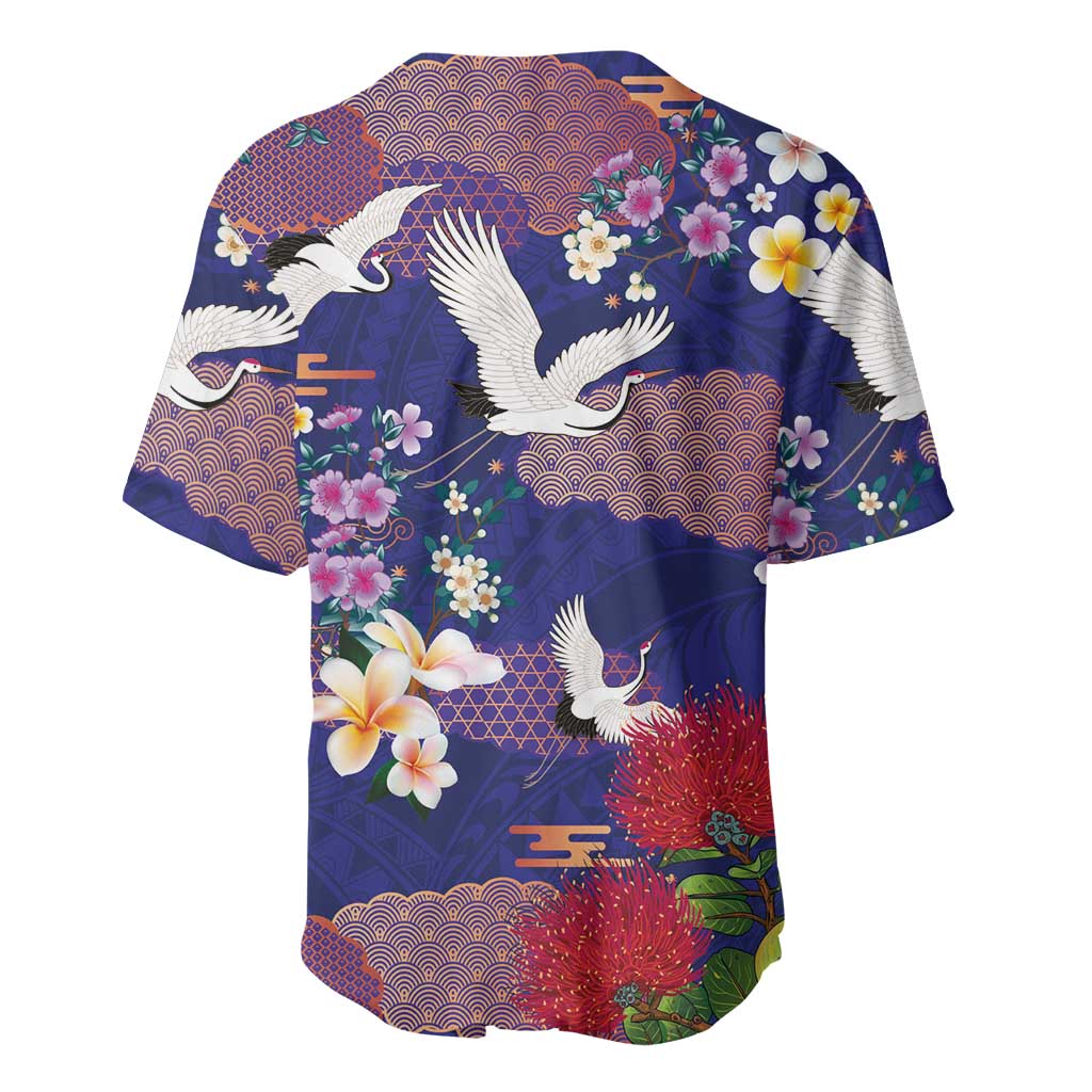 Hawaiian and Japanese Culture Together Baseball Jersey Blue Ohia Lehua Plumeria and Sakura Blooming LT03 - Polynesian Pride