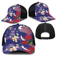 Hawaiian and Japanese Culture Together Baseball Net Cap Blue Ohia Lehua Plumeria and Sakura Blooming - Polynesian Pride