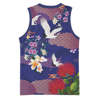 Hawaiian and Japanese Culture Together Basketball Jersey Blue Ohia Lehua Plumeria and Sakura Blooming LT03 - Polynesian Pride