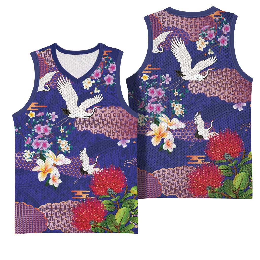Hawaiian and Japanese Culture Together Basketball Jersey Blue Ohia Lehua Plumeria and Sakura Blooming LT03 - Polynesian Pride