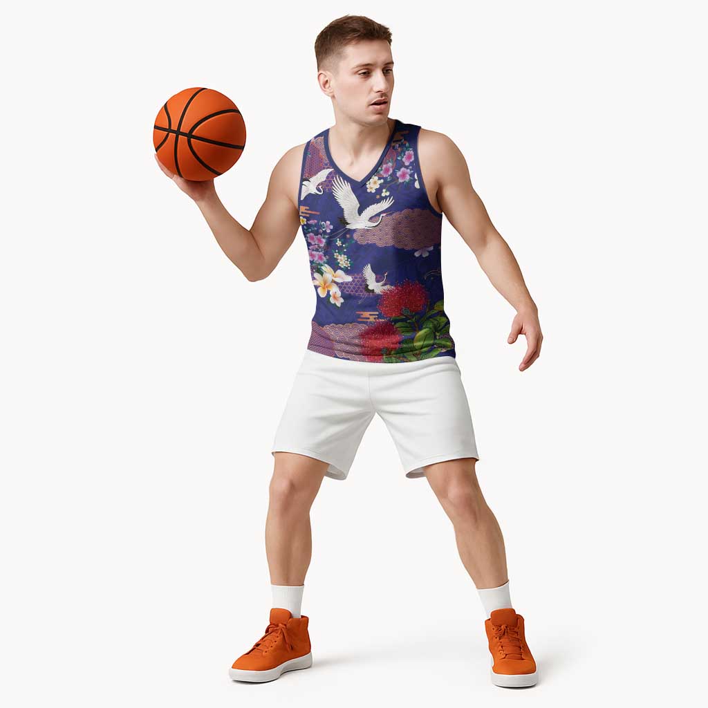 Hawaiian and Japanese Culture Together Basketball Jersey Blue Ohia Lehua Plumeria and Sakura Blooming LT03 - Polynesian Pride