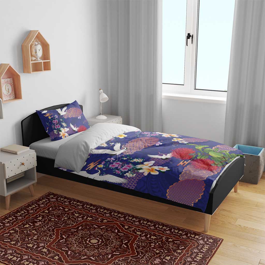 Hawaiian and Japanese Culture Together Bedding Set Blue Ohia Lehua Plumeria and Sakura Blooming - Polynesian Pride