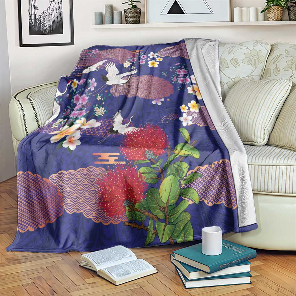 Hawaiian and Japanese Culture Together Blanket Blue Ohia Lehua Plumeria and Sakura Blooming - Polynesian Pride