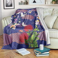 Hawaiian and Japanese Culture Together Blanket Blue Ohia Lehua Plumeria and Sakura Blooming - Polynesian Pride