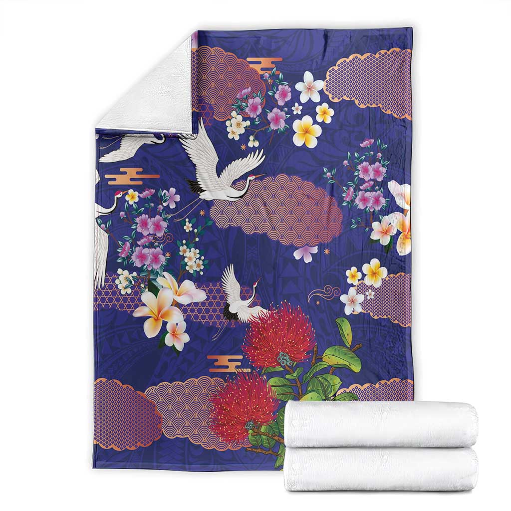 Hawaiian and Japanese Culture Together Blanket Blue Ohia Lehua Plumeria and Sakura Blooming - Polynesian Pride