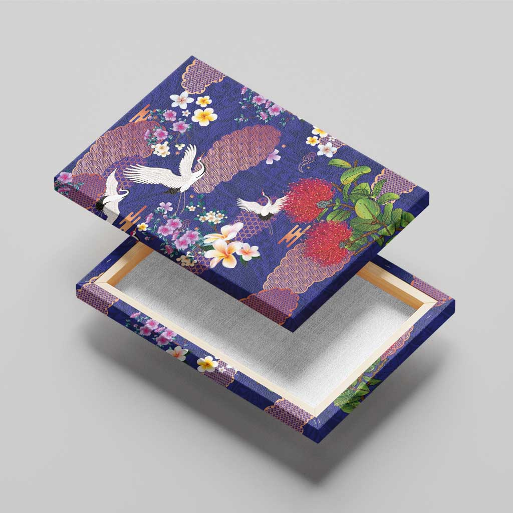 Hawaiian and Japanese Culture Together Canvas Wall Art Blue Ohia Lehua Plumeria and Sakura Blooming LT03 - Polynesian Pride
