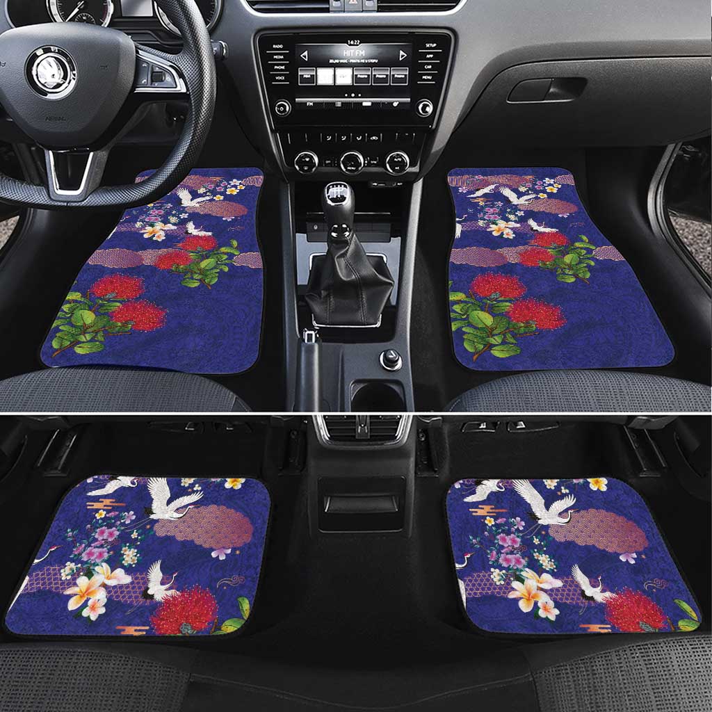 Hawaiian and Japanese Culture Together Car Mats Blue Ohia Lehua Plumeria and Sakura Blooming LT03 Set 4pcs Blue - Polynesian Pride