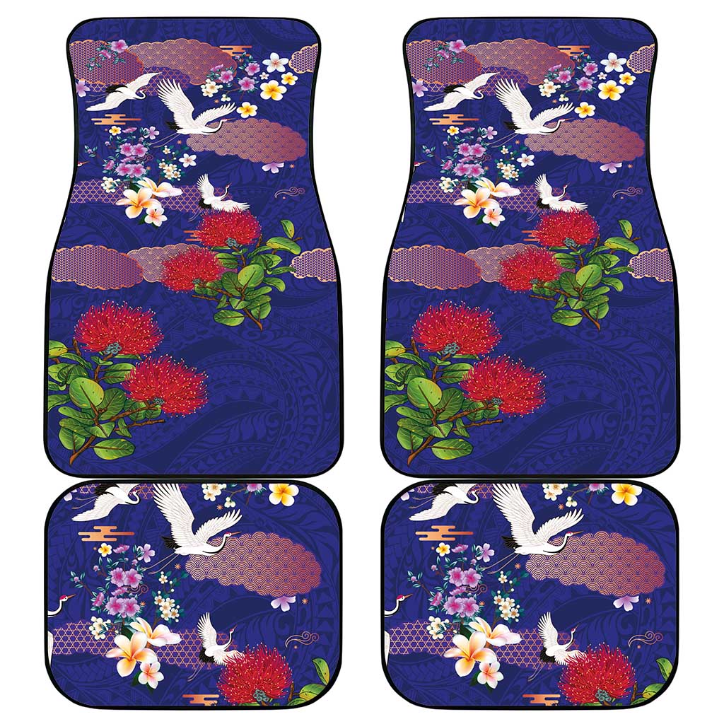 Hawaiian and Japanese Culture Together Car Mats Blue Ohia Lehua Plumeria and Sakura Blooming LT03 - Polynesian Pride