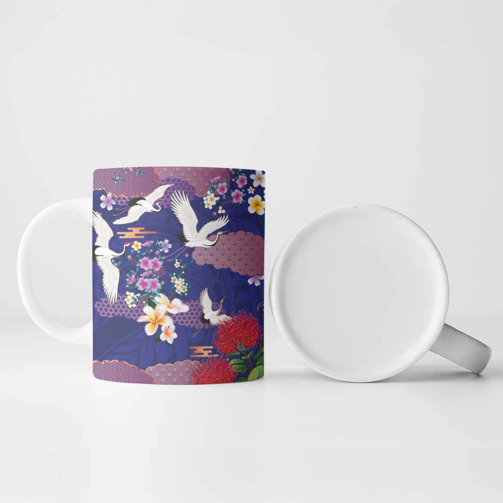 Hawaiian and Japanese Culture Together Ceramic Mug Blue Ohia Lehua Plumeria and Sakura Blooming - Polynesian Pride