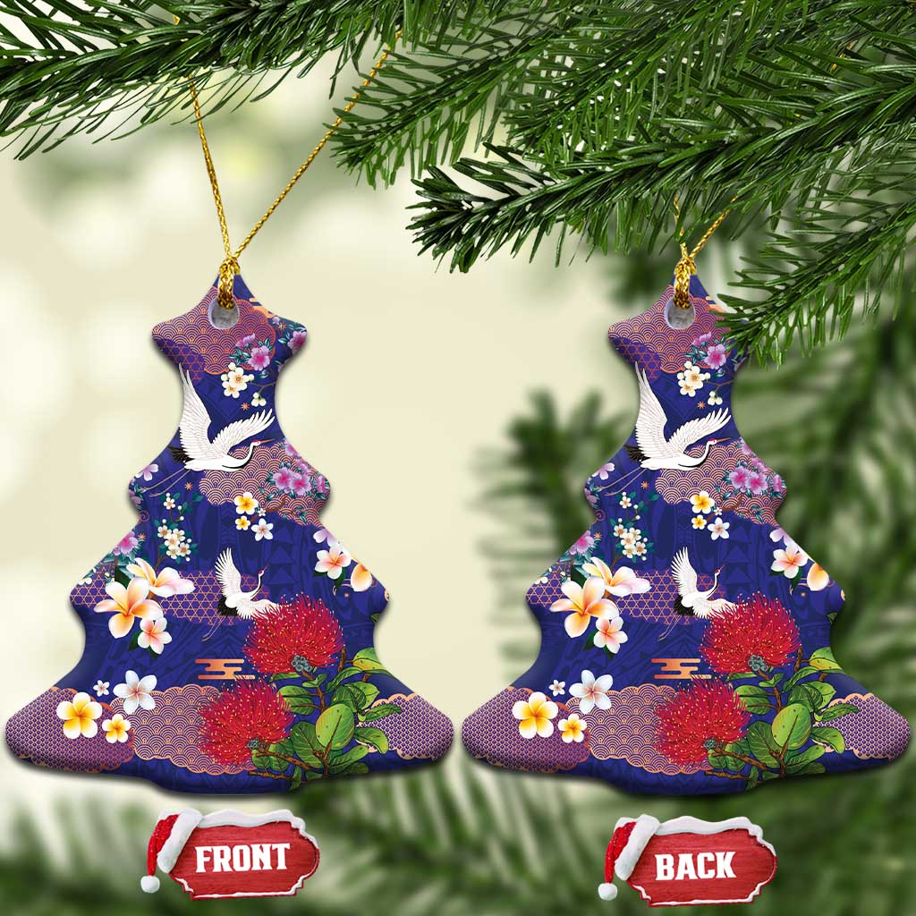 Hawaiian and Japanese Culture Together Ceramic Ornament Blue Ohia Lehua Plumeria and Sakura Blooming - Polynesian Pride