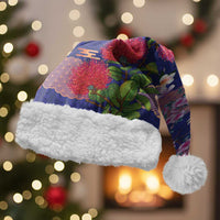 Hawaiian and Japanese Culture Together Christmas Santa Hat Blue Ohia Lehua Plumeria and Sakura Blooming LT03 With Fur Blue - Polynesian Pride