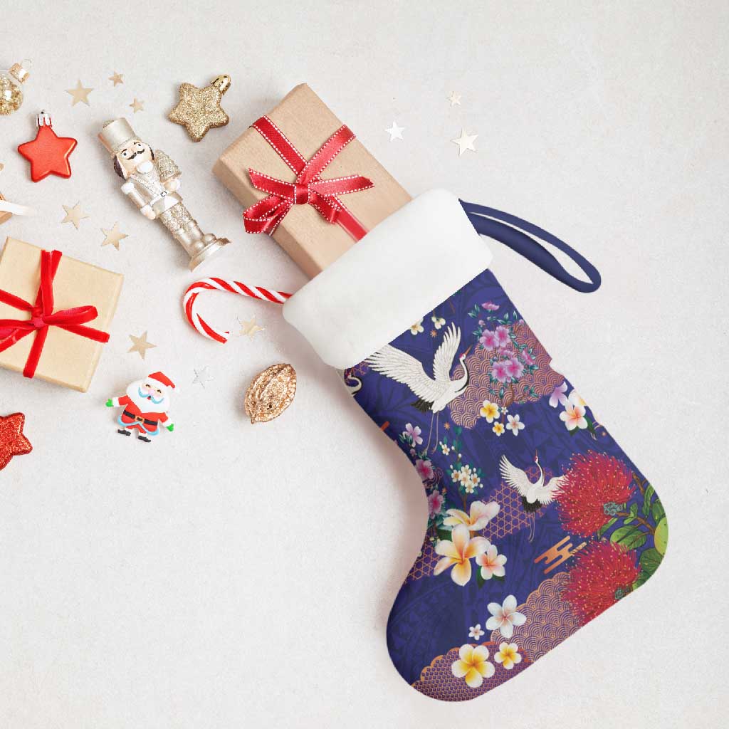 Hawaiian and Japanese Culture Together Christmas Stocking Blue Ohia Lehua Plumeria and Sakura Blooming LT03 - Polynesian Pride