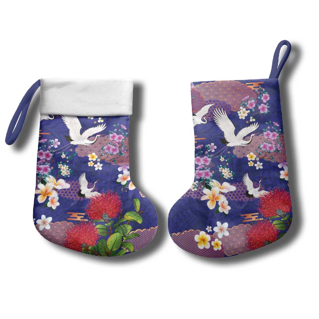 Hawaiian and Japanese Culture Together Christmas Stocking Blue Ohia Lehua Plumeria and Sakura Blooming LT03 - Polynesian Pride