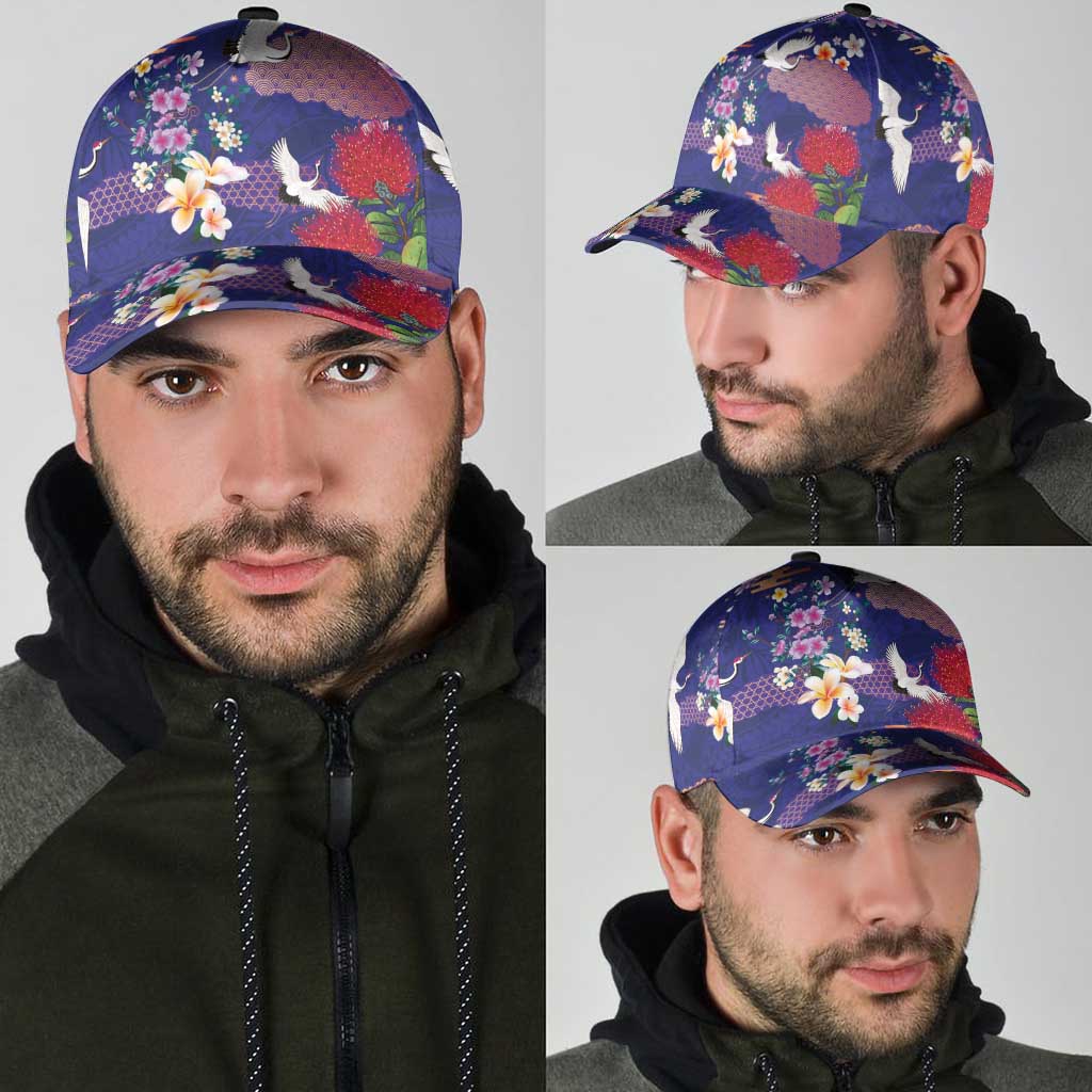 Hawaiian and Japanese Culture Together Classic Cap Blue Ohia Lehua Plumeria and Sakura Blooming - Polynesian Pride