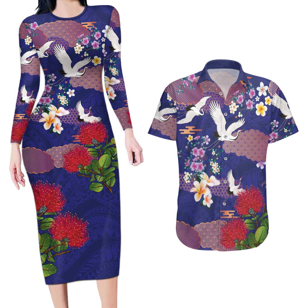 Hawaiian and Japanese Culture Together Couples Matching Long Sleeve Bodycon Dress and Hawaiian Shirt Blue Ohia Lehua Plumeria and Sakura Blooming LT03 Blue - Polynesian Pride
