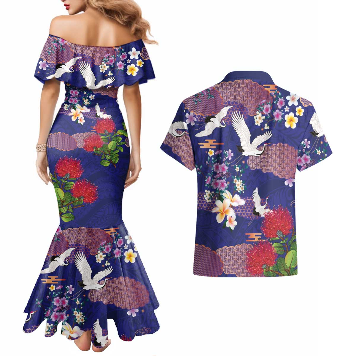 Hawaiian and Japanese Culture Together Couples Matching Mermaid Dress and Hawaiian Shirt Blue Ohia Lehua Plumeria and Sakura Blooming LT03 - Polynesian Pride