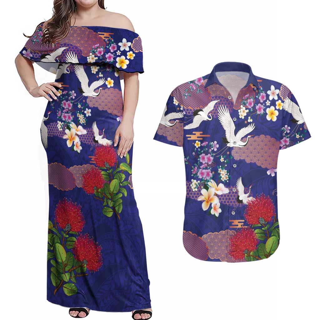 Hawaiian and Japanese Culture Together Couples Matching Off Shoulder Maxi Dress and Hawaiian Shirt Blue Ohia Lehua Plumeria and Sakura Blooming - Polynesian Pride