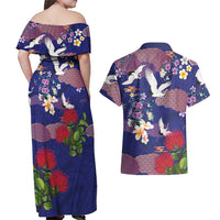 Hawaiian and Japanese Culture Together Couples Matching Off Shoulder Maxi Dress and Hawaiian Shirt Blue Ohia Lehua Plumeria and Sakura Blooming LT03 - Polynesian Pride