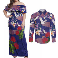 Hawaiian and Japanese Culture Together Couples Matching Off Shoulder Maxi Dress and Long Sleeve Button Shirt Blue Ohia Lehua Plumeria and Sakura Blooming LT03 Blue - Polynesian Pride